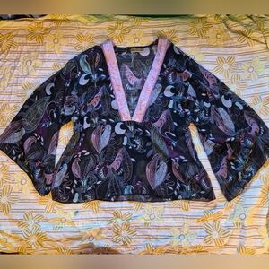 MXM Black V-Neck Bell Sleeve Babydoll Blouse with Pink & Purple Paisley Print